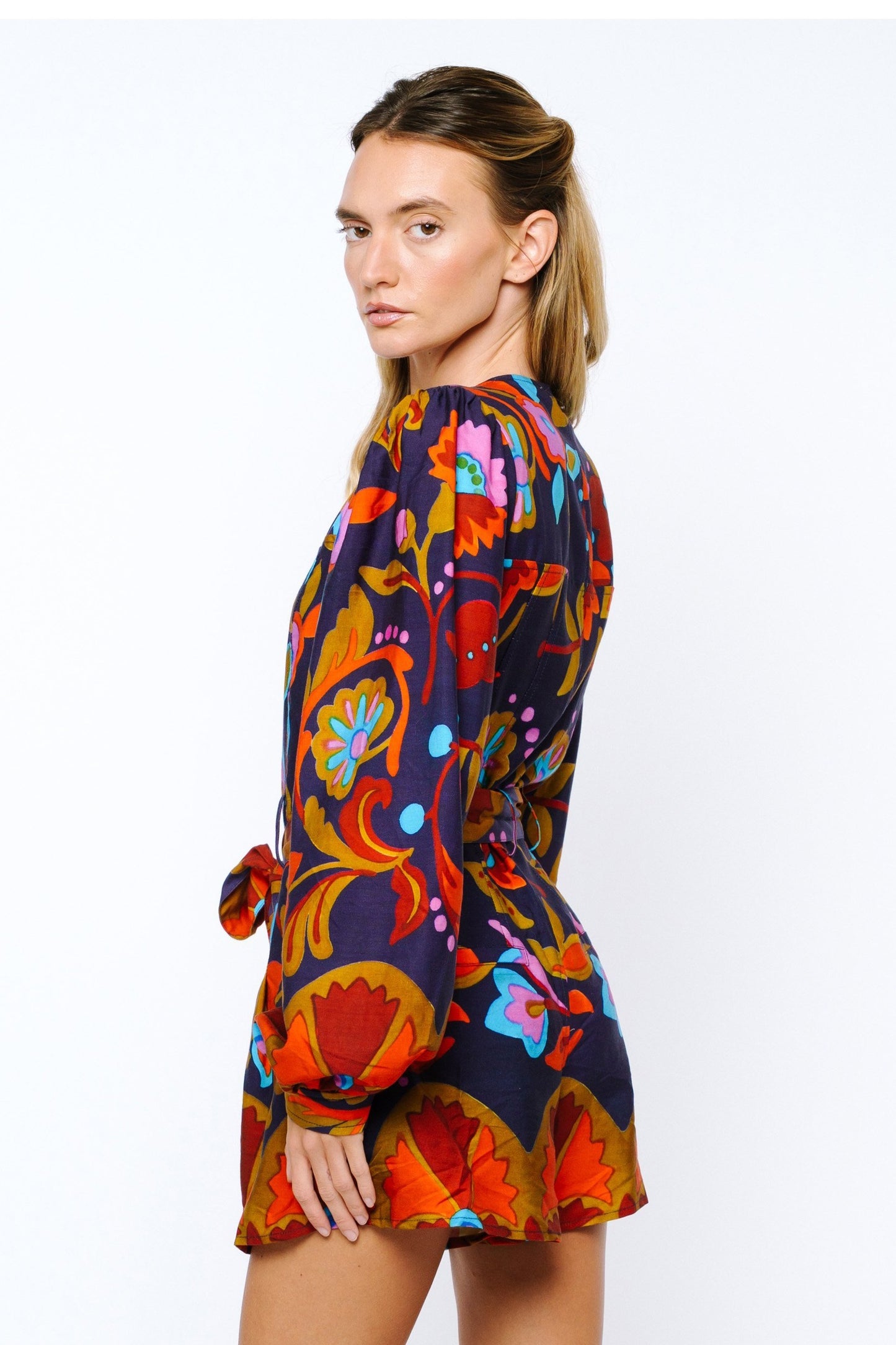 Sophie Belted Long Sleeve Romper - Navy Multi