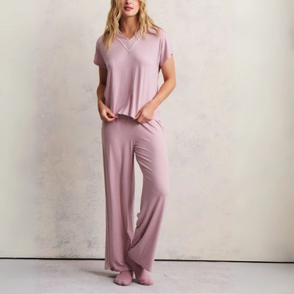 Luxe Milk Jersey® Piped Short Sleeve Pant Set - Teaberry