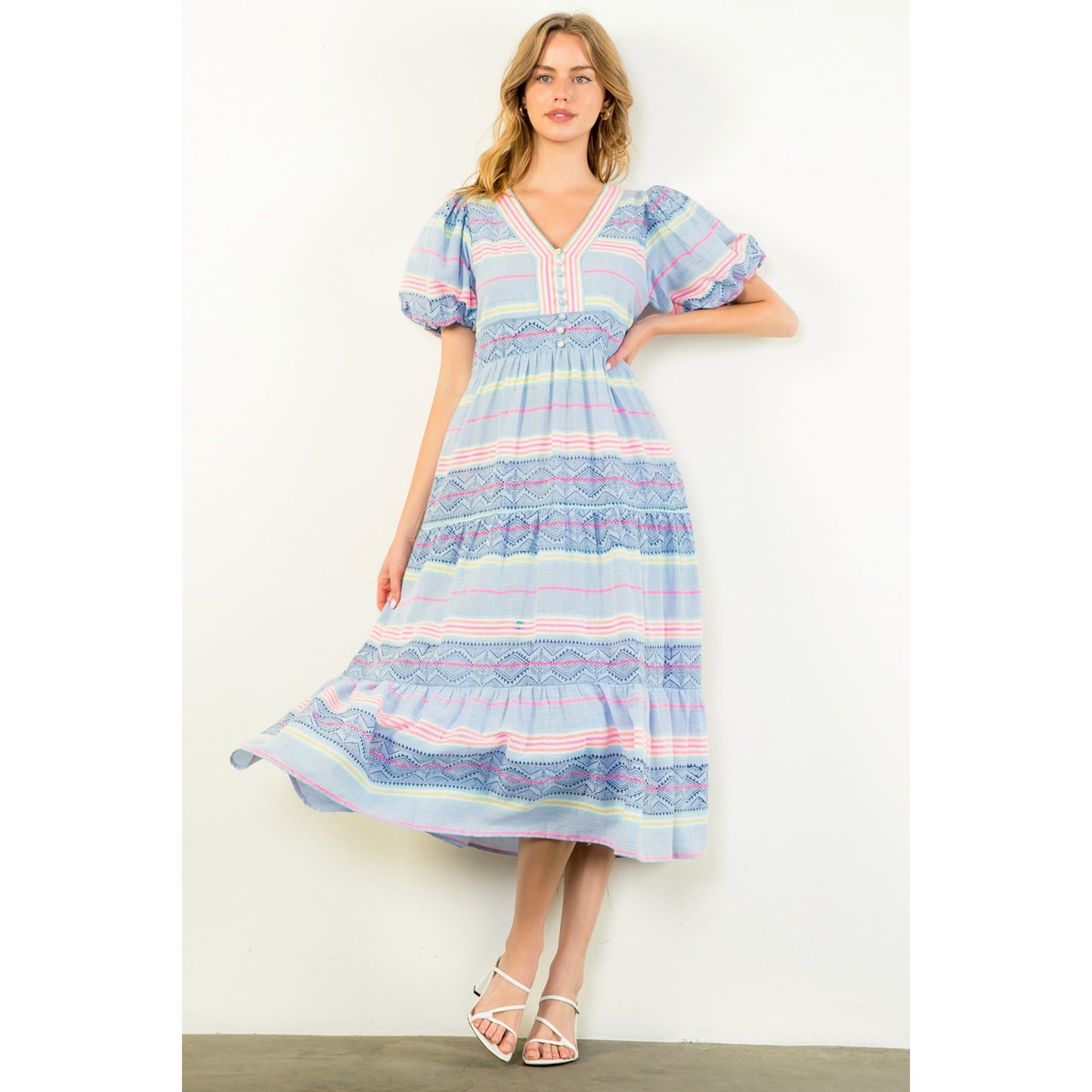 THML - Puff Sleeve Pattern Dress - Blue