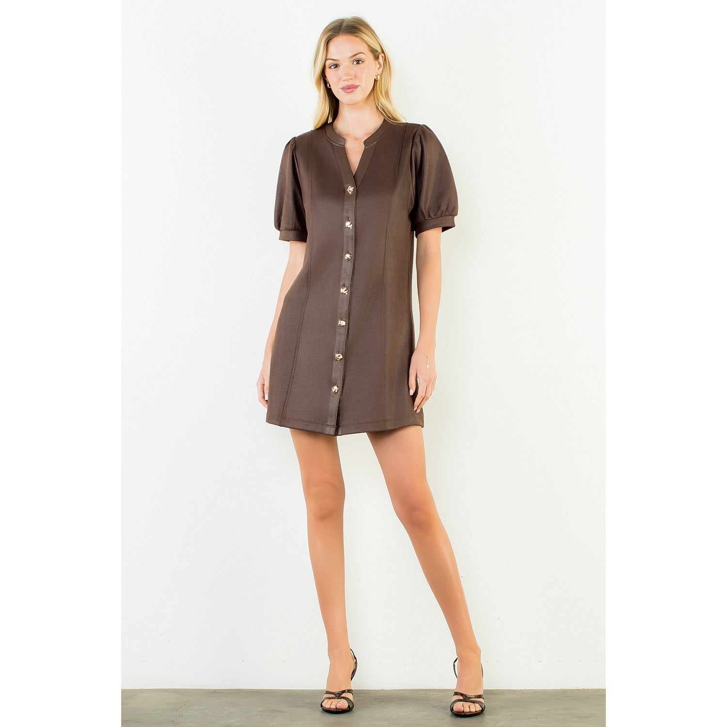 Suede Short Dress with Gold Buttons - Brown