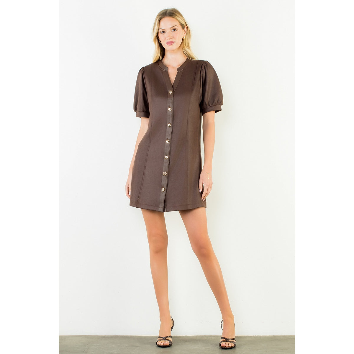 Suede Short Dress with Gold Buttons - Brown