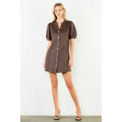 Suede Short Dress with Gold Buttons - Brown