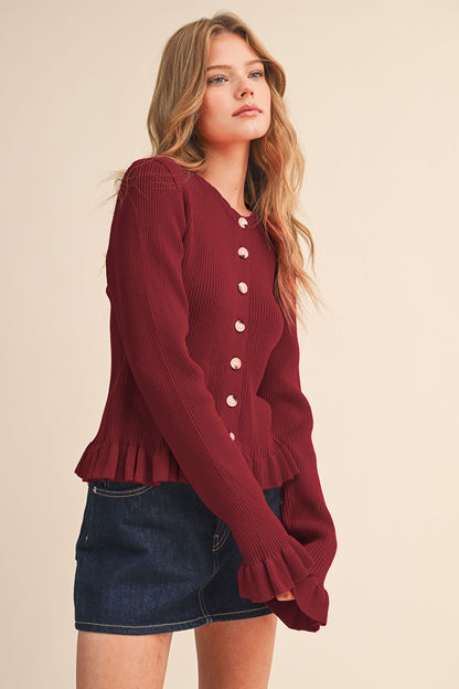 Ruffle Hem Ribbed Knit Sweater Cardigan - Burgundy