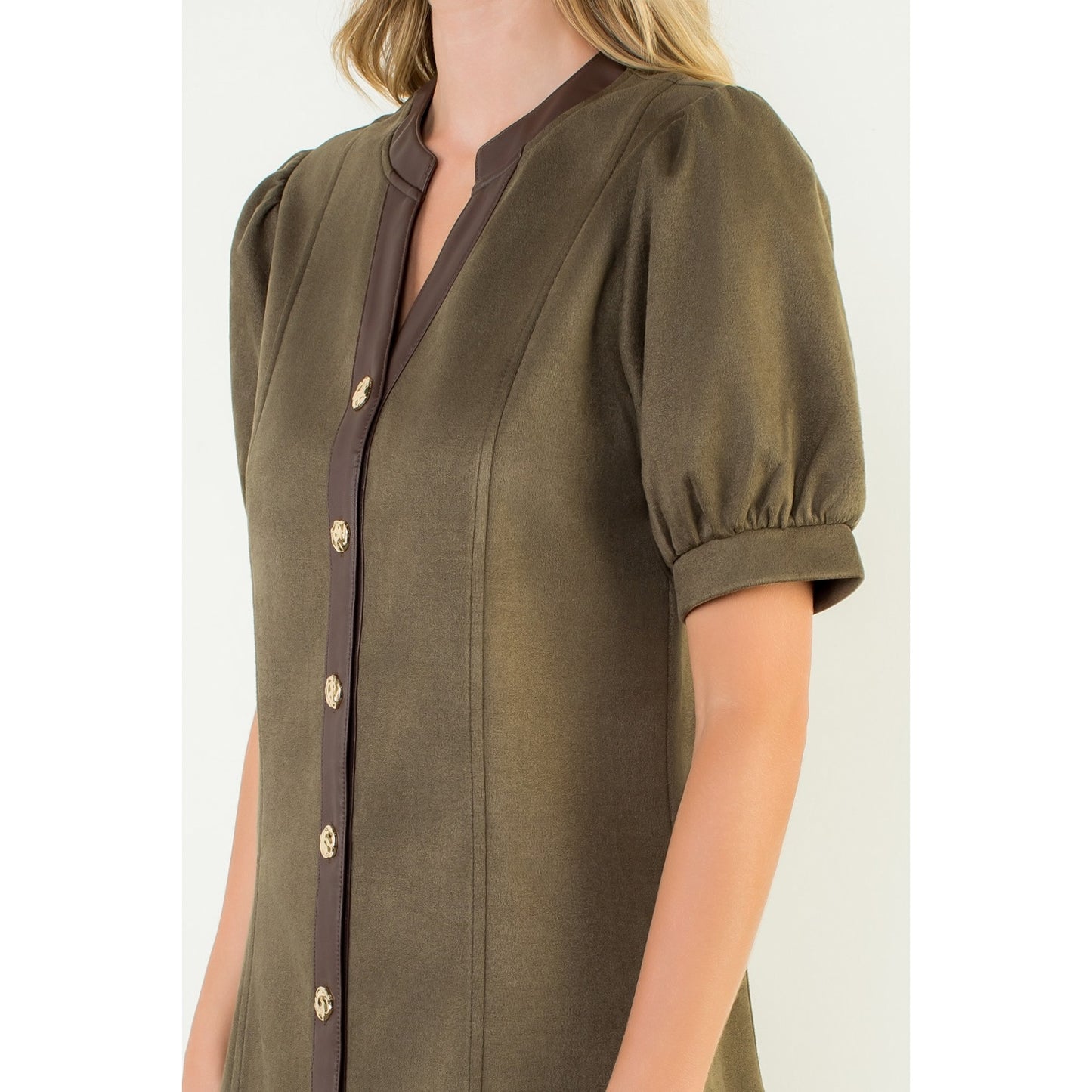 Puff Sleeve V-Neck Button Up Suede Dress - Olive