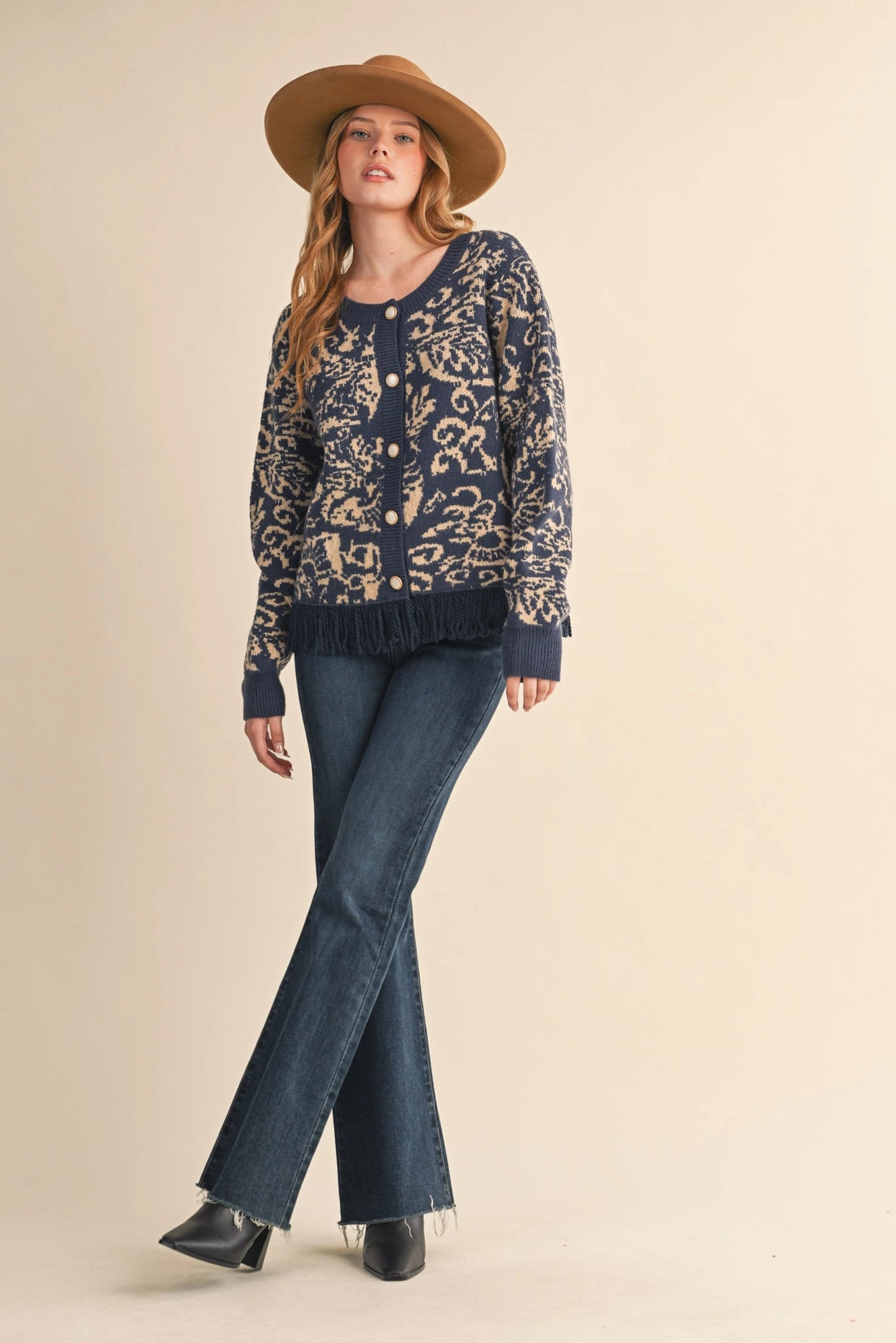 Floral Knit Fringed Sweater Cardigan - Navy Taupe