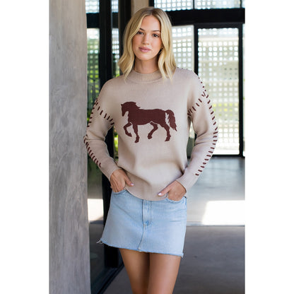Stitch Detail Horse Knit Sweater - Beige