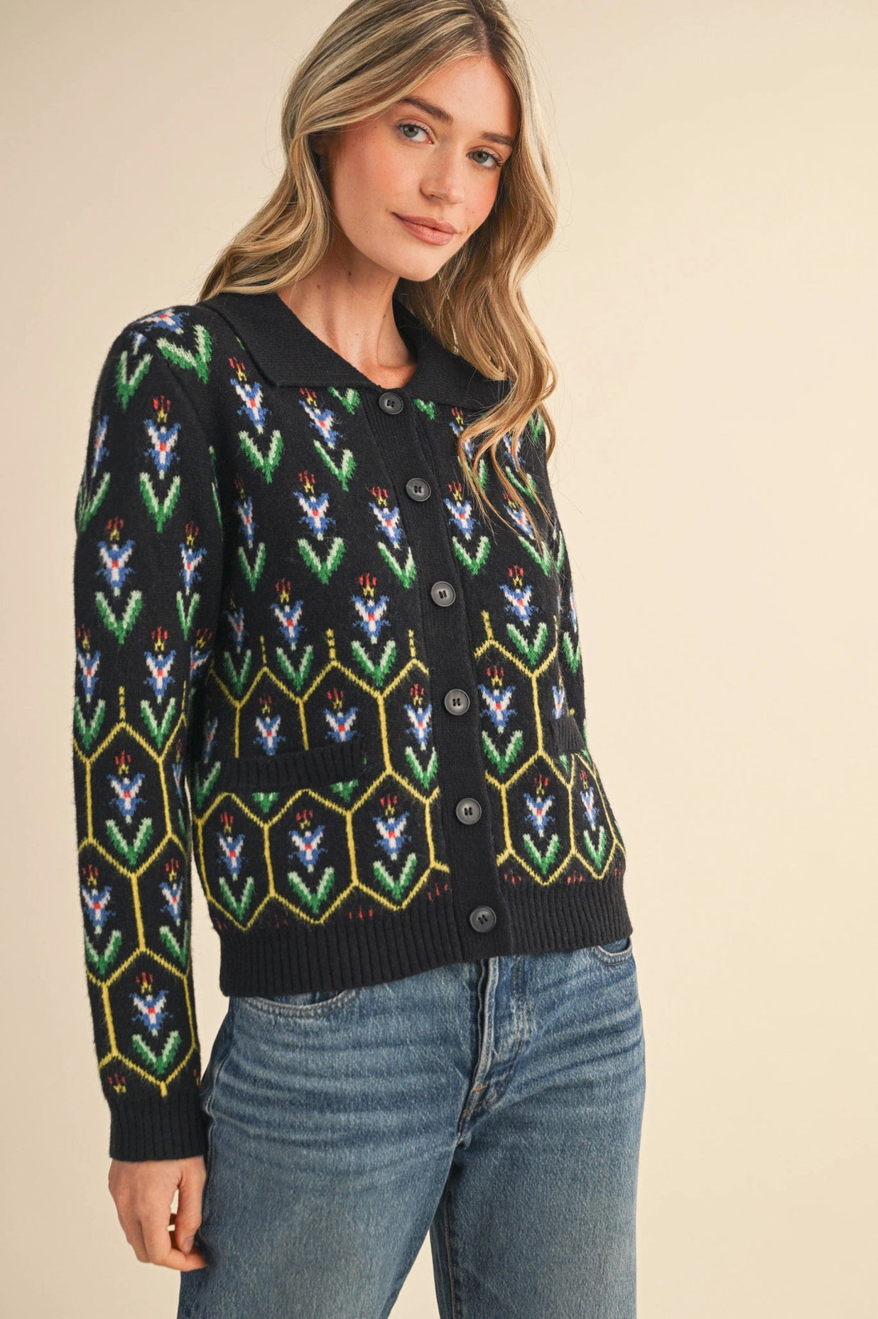 Floral Knit Collared Sweater Cardigan - Black Multi
