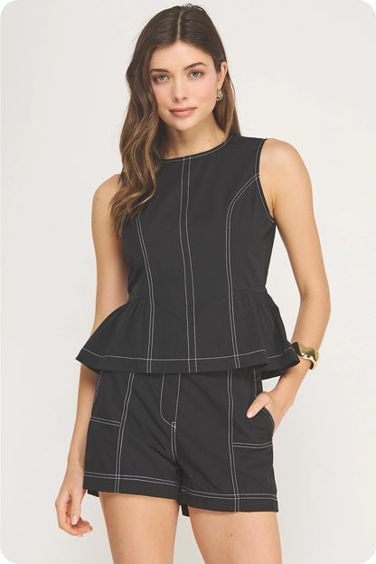 Top-Stitch Poplin Sleeveless Top - Black/Off-White