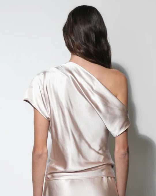 Nellie Asymmetric Satin Draped Off Shoulder Top - Taupe