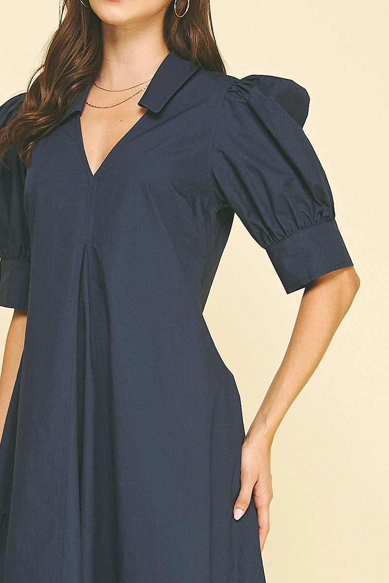 V-Neck Pleated A-Line Dress - Deep Navy