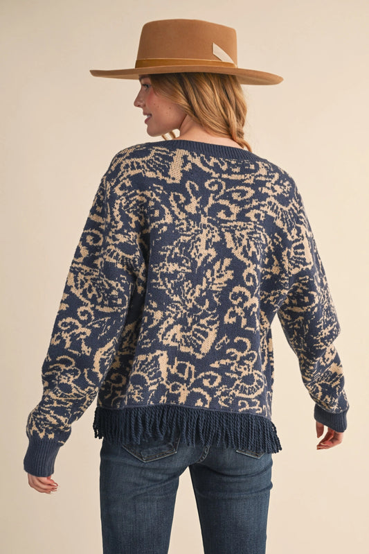Floral Knit Fringed Sweater Cardigan - Navy Taupe