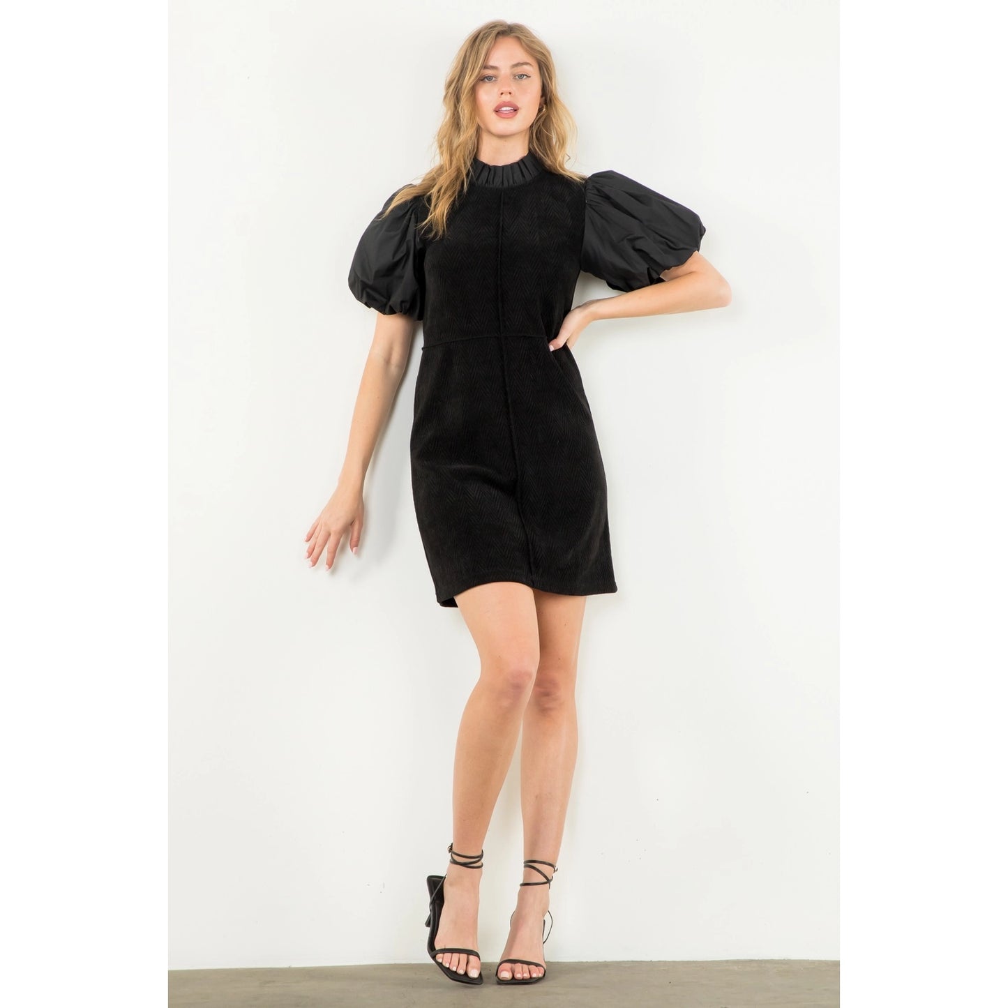 THML - Puff Sleeve Corduroy Midi Dress - Black