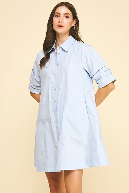 Button Down Poplin Mini Dress - Light Blue