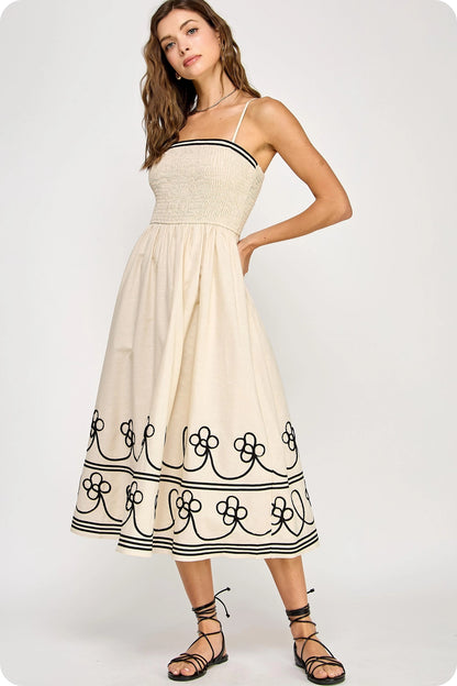 Contrast Embroidered Trim Linen Midi Dress - Ecru/Black