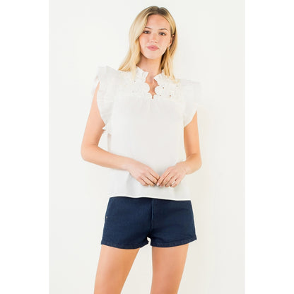 Flutter Sleeve Top w/ Embellished Yoke - White