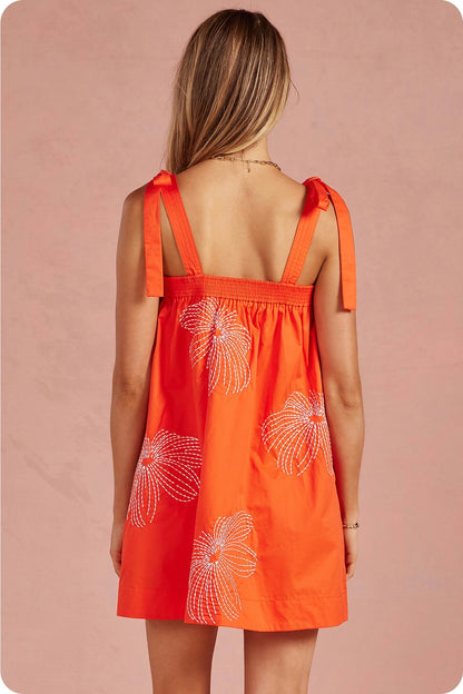 Embroidered Tie Shoulder Sleeveless Mini Dress - Orange/Off White