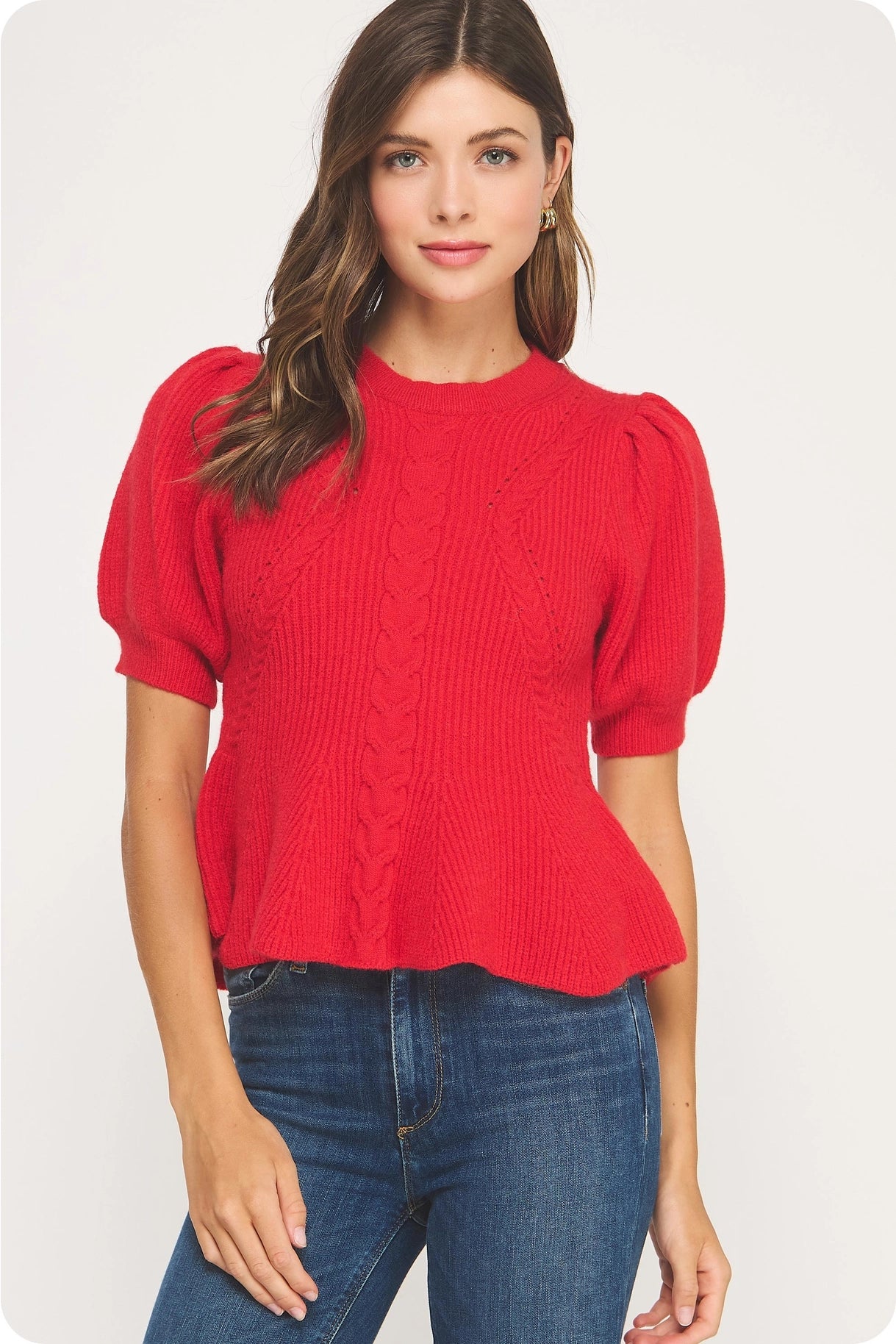 Flared Puff Sleeve Knit Top - Red