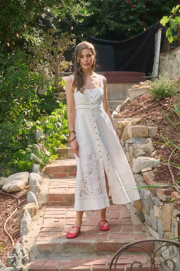 Eyelet Detail Button Down Sleeveless Midi Dress - Off-White