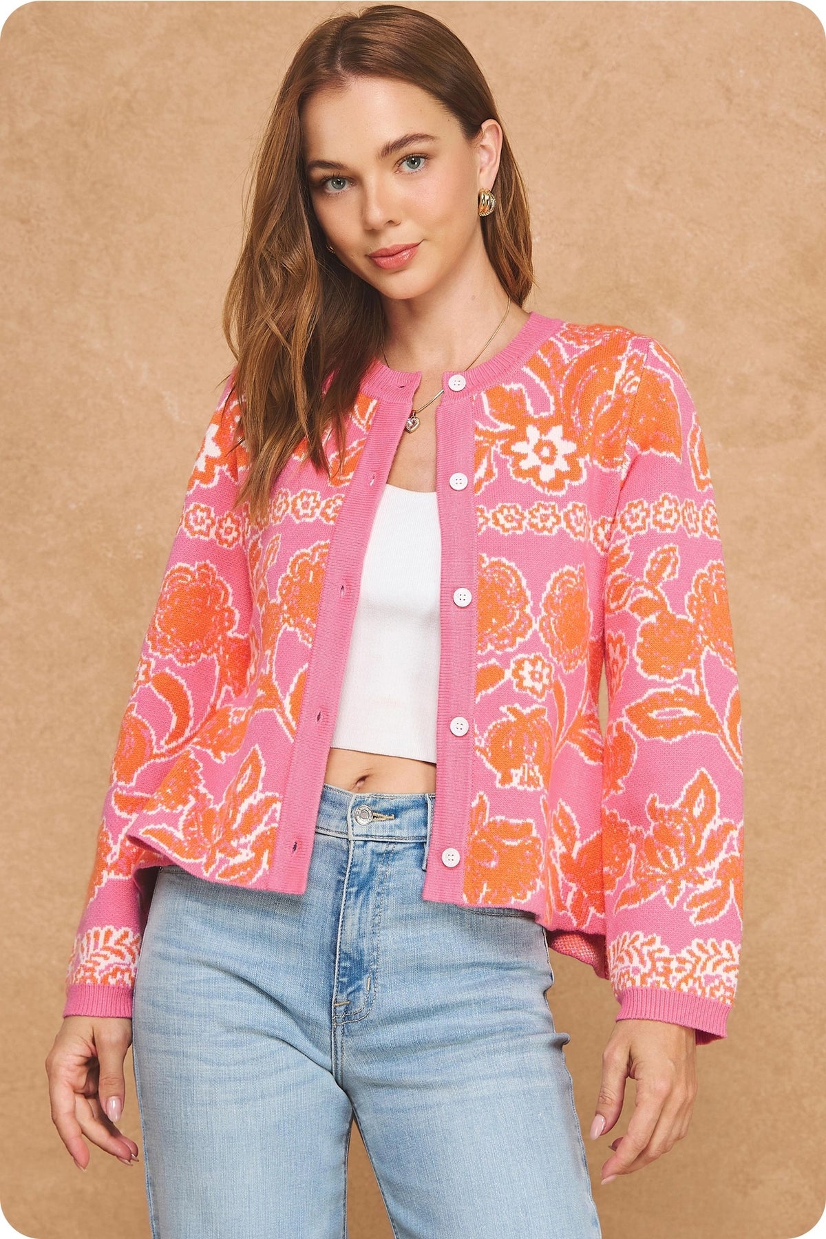 Floral Intarsia Peplum Button Down Cardigan - Pink/Orange