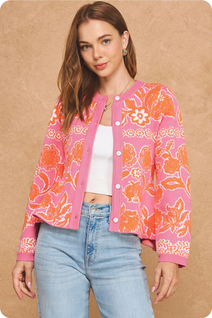 Floral Intarsia Peplum Button Down Cardigan - Pink/Orange