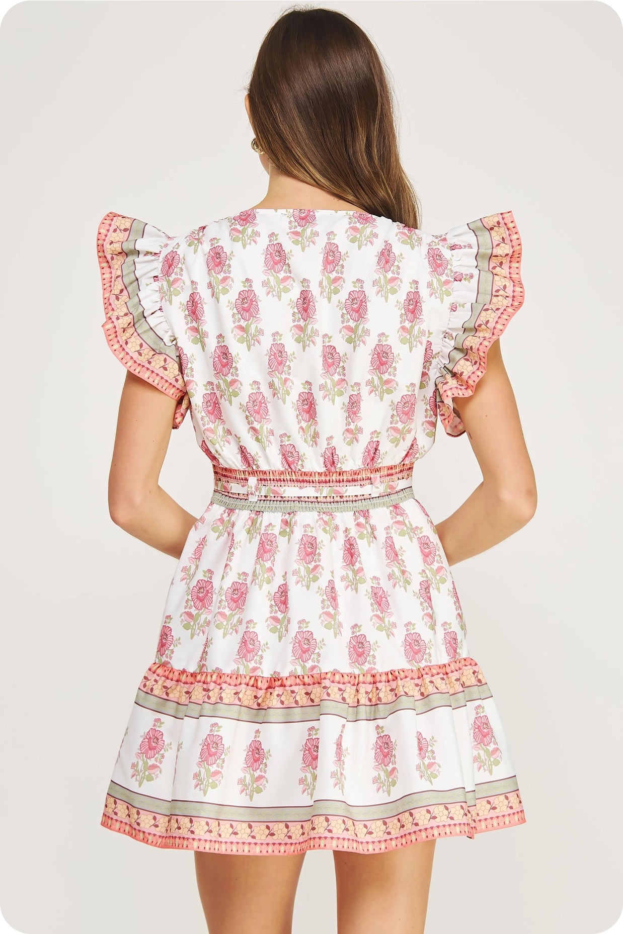 Floral Block Print Poplin Ruffle Sleeve Mini Dress - White/Pink