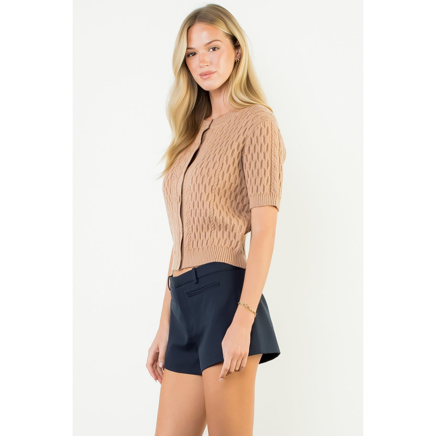 Short Sleeve Button Knit Top - Beige