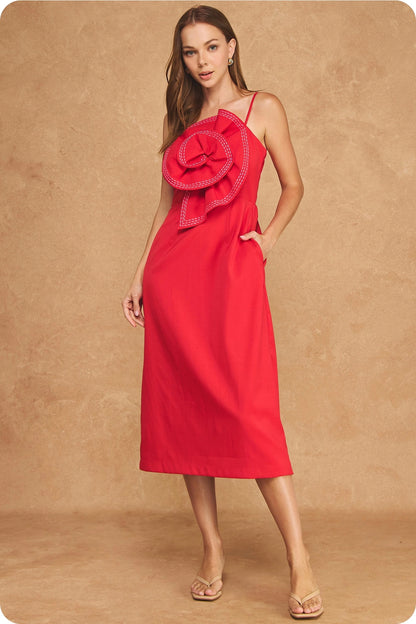 Statement Flower Rosette Top - Stitched Midi Dress - Red/Fuchsia