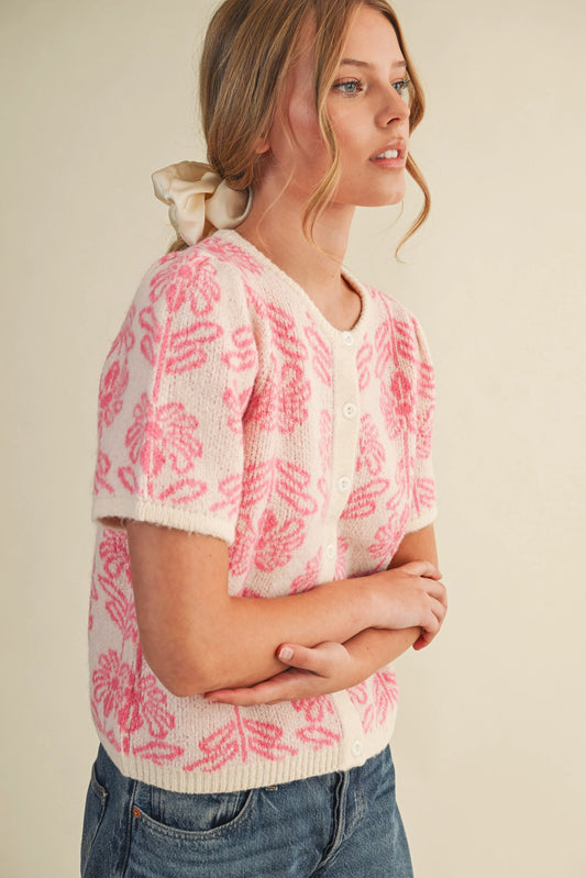 Floral Knit Short Puff Sleeve Sweater Cardigan - Pink