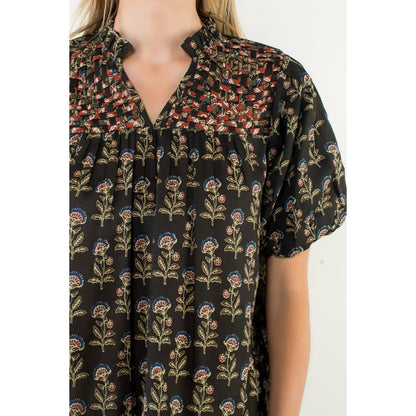 Puff Sleeve Floral Print V-Neck Top - Black