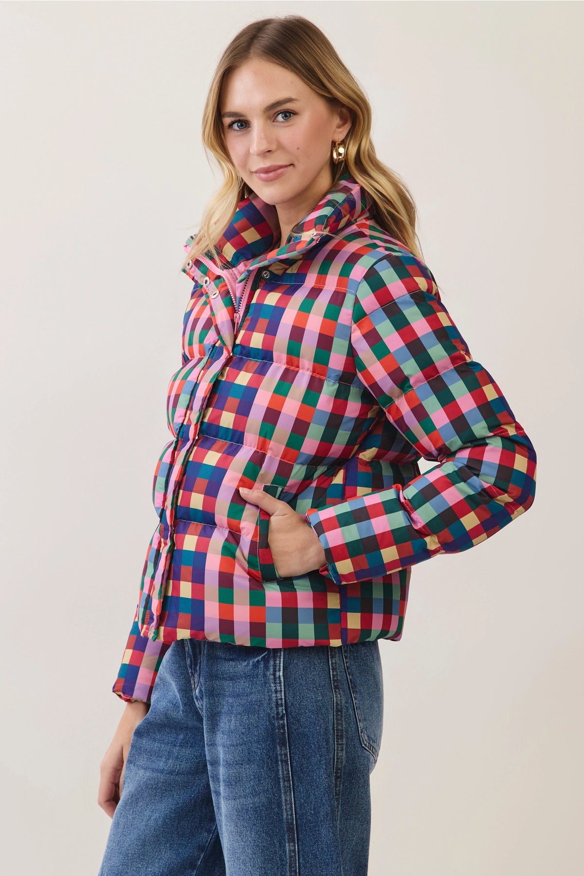 Multicolor Check Puffer Jacket - Pink