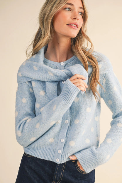 Polka Dot Sweater Cardigan with Detachable Scarf - Sky Blue