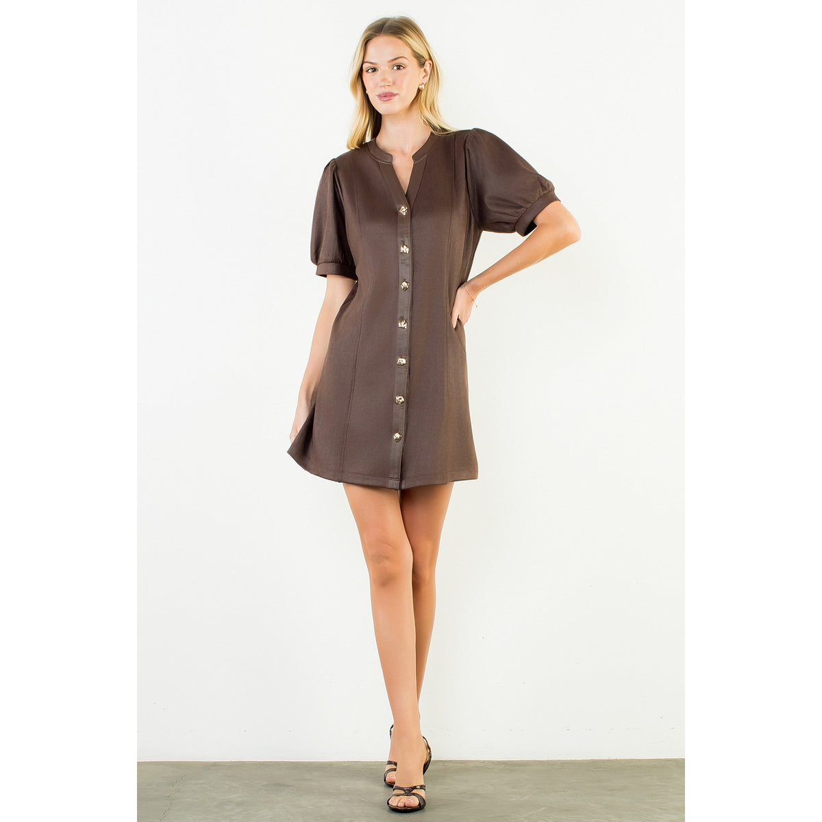 Suede Short Dress with Gold Buttons - Brown