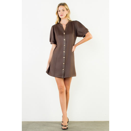 Suede Short Dress with Gold Buttons - Brown