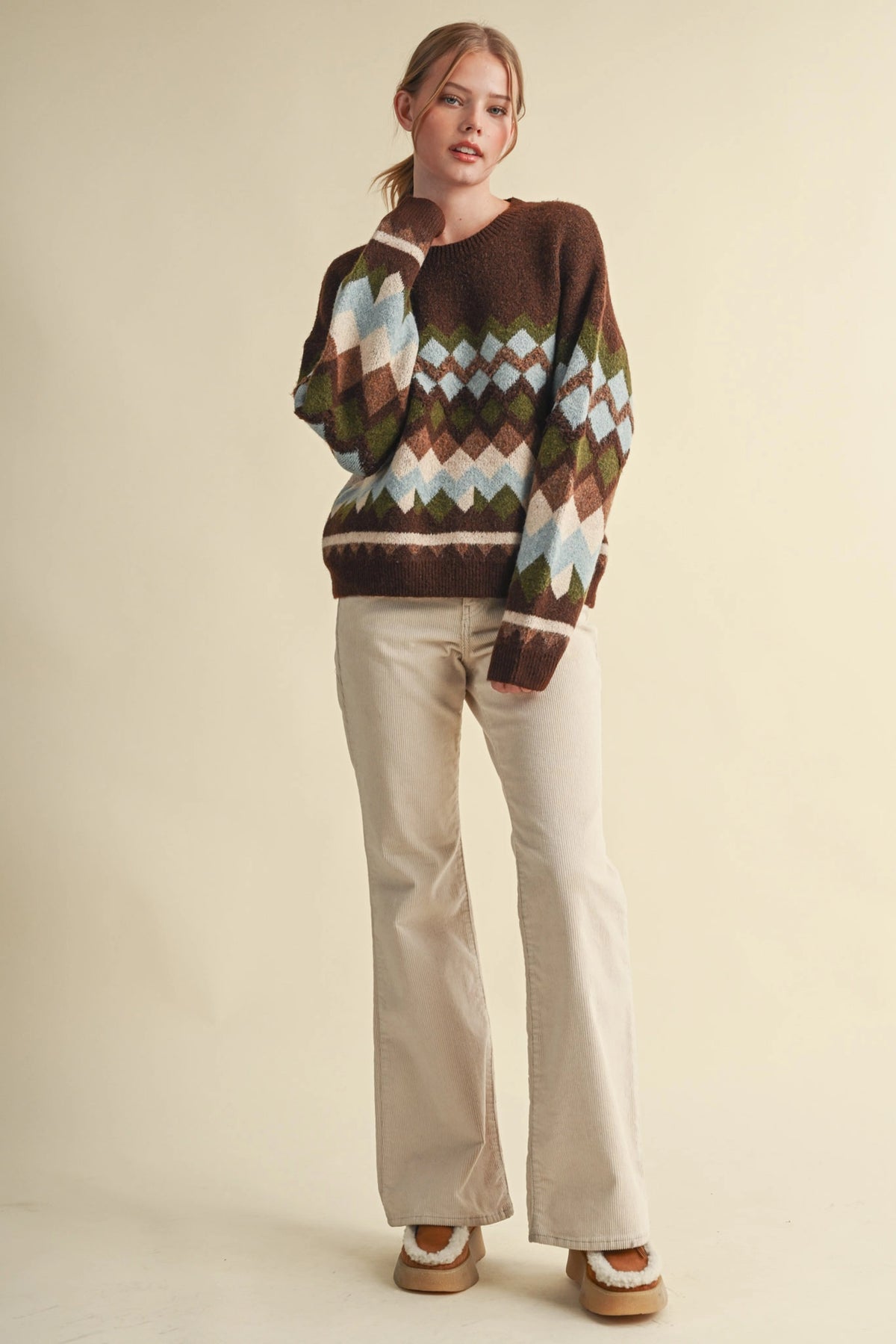 Fuzzy Texture Geometric Knit Sweater - Brown Multi