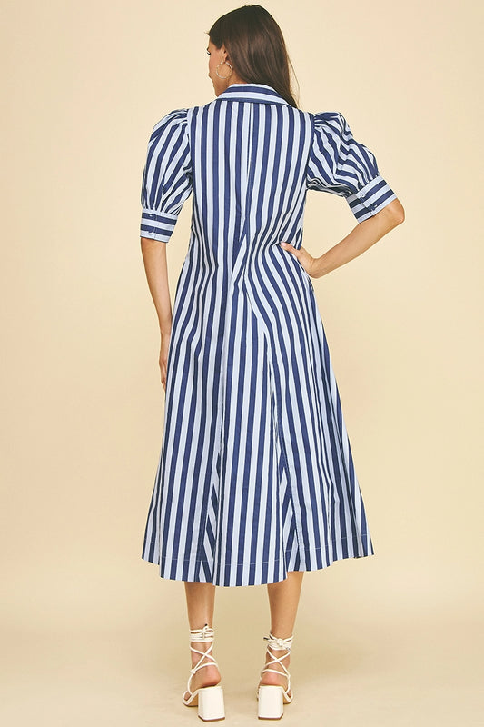 Striped V-Neck Midi Dress - Blue/Navy