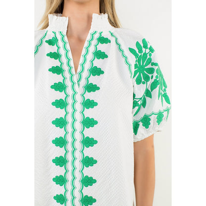 Embroidered Smocked Neck Puff Top - White