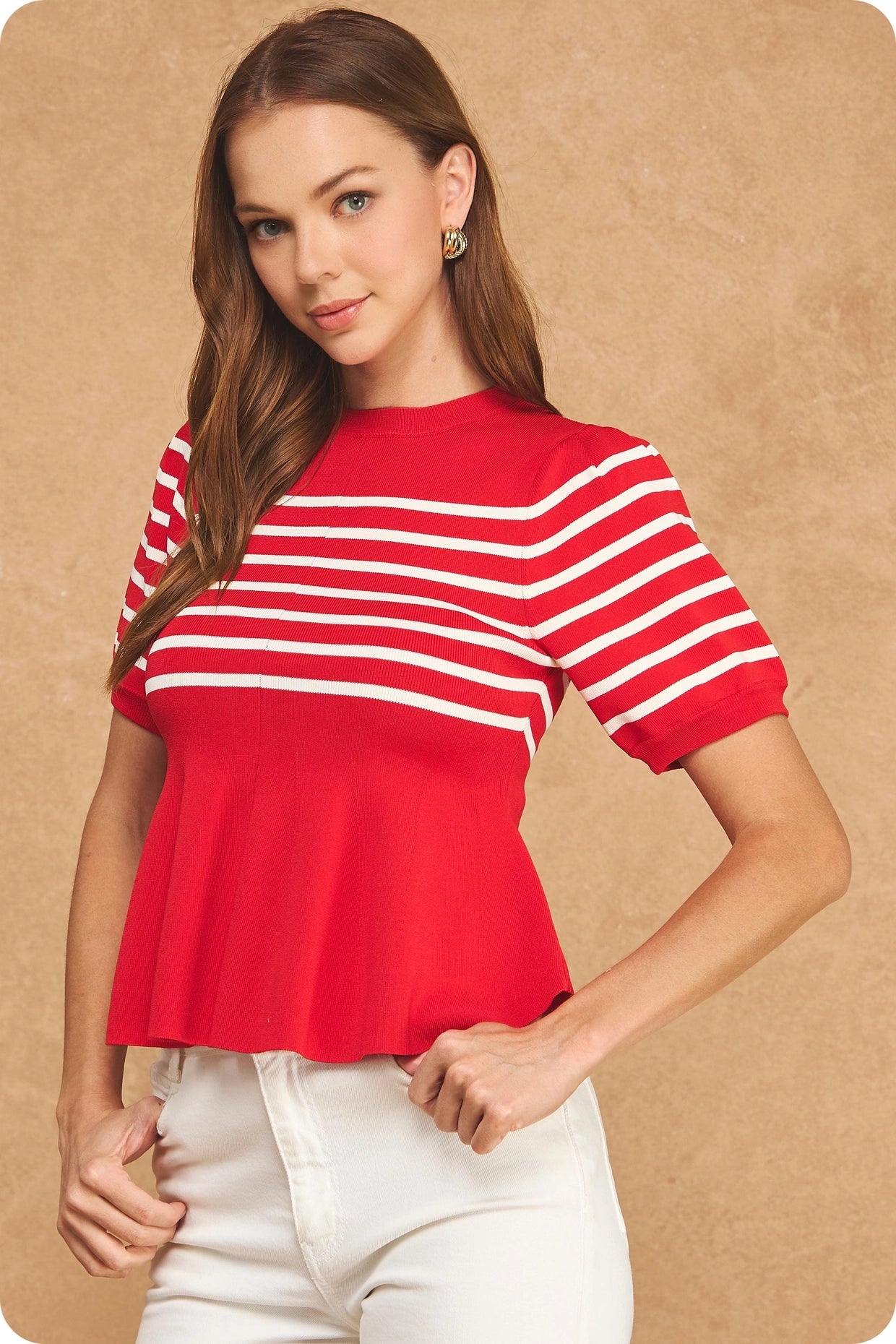 Striped Short Sleeve Peplum Sweater Top - Red/Ivory