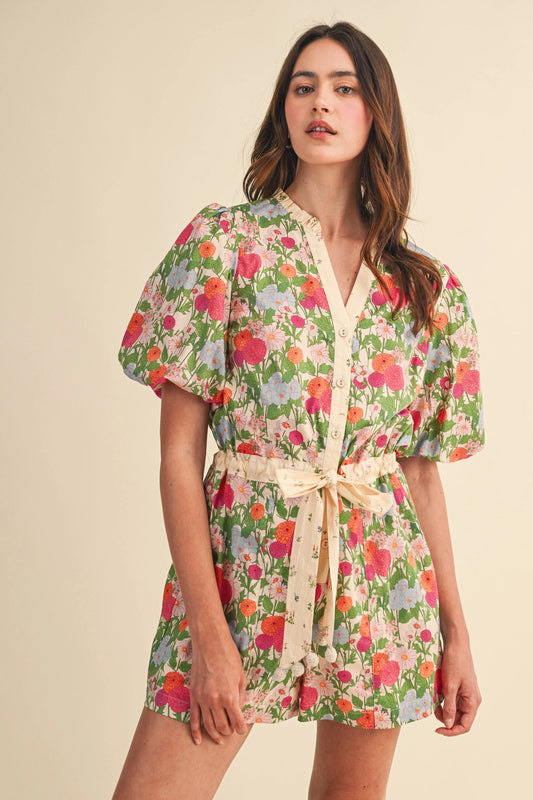 Bubble Sleeve Floral Print Romper - Cream Pink Floral