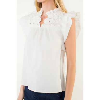 Flutter Sleeve Top w/ Embellished Yoke - White