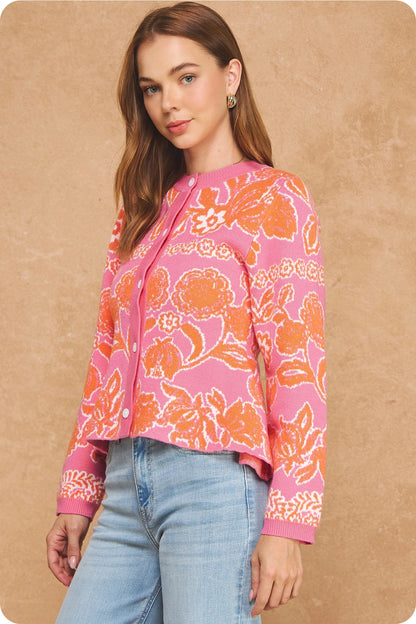 Floral Intarsia Peplum Button Down Cardigan - Pink/Orange