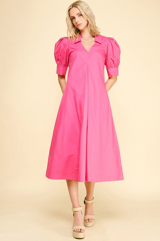 V-Neck Pleated A-Line Dress - Fuchsia