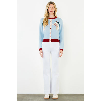 Double Horse Knit Cardigan - Light Blue