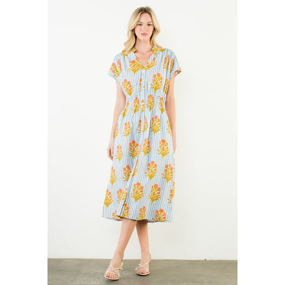 Short Sleeve Floral Striped Print Dress - Blue