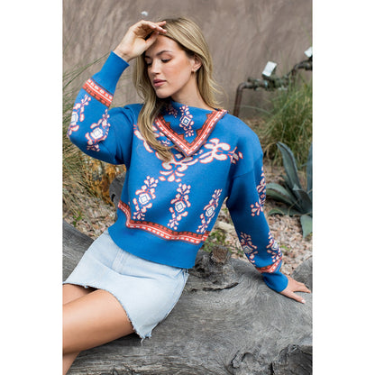 Long Sleeve Print Sweater - Blue
