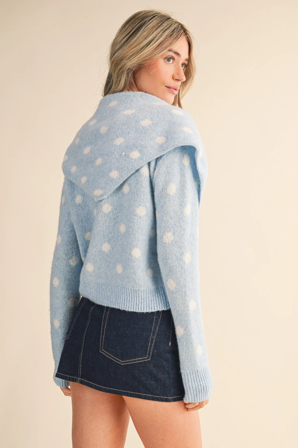 Polka Dot Sweater Cardigan with Detachable Scarf - Sky Blue