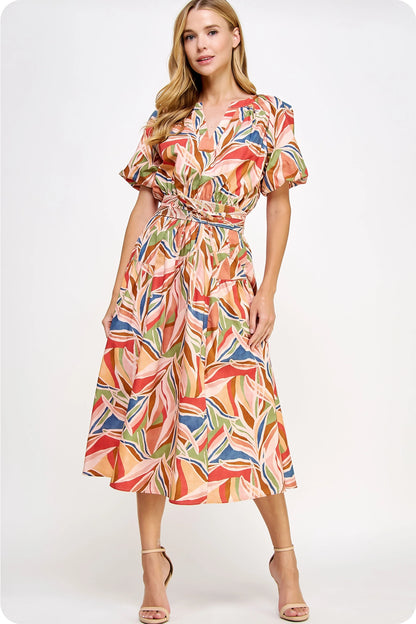 Puff Sleeve Print Midi Dress - Multi