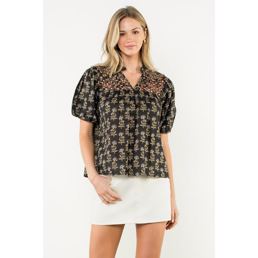 Puff Sleeve Floral Print V-Neck Top - Black