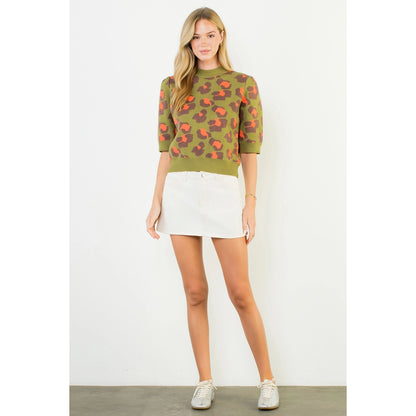 Short Sleeve Leopard Print Knit Top - Olive