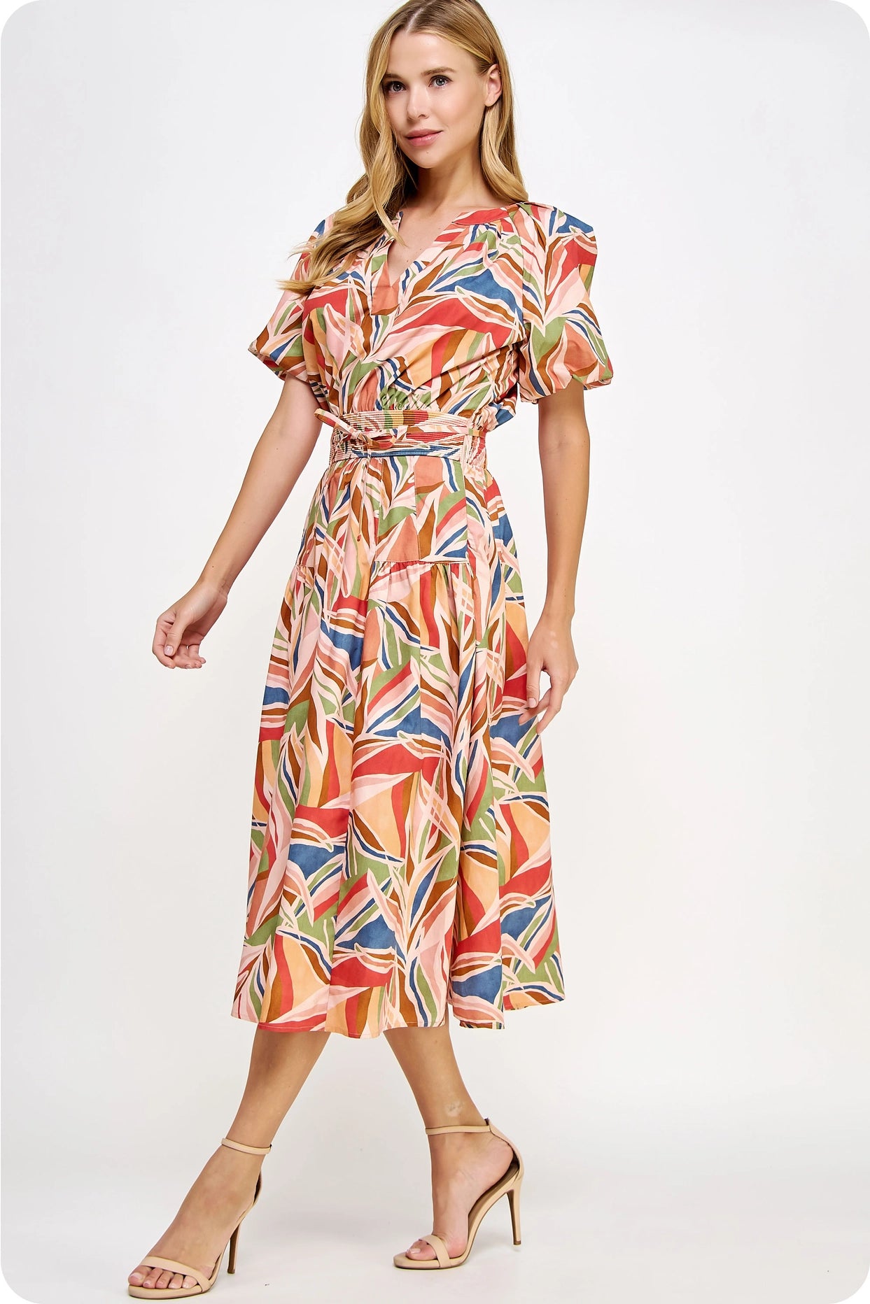 Puff Sleeve Print Midi Dress - Multi