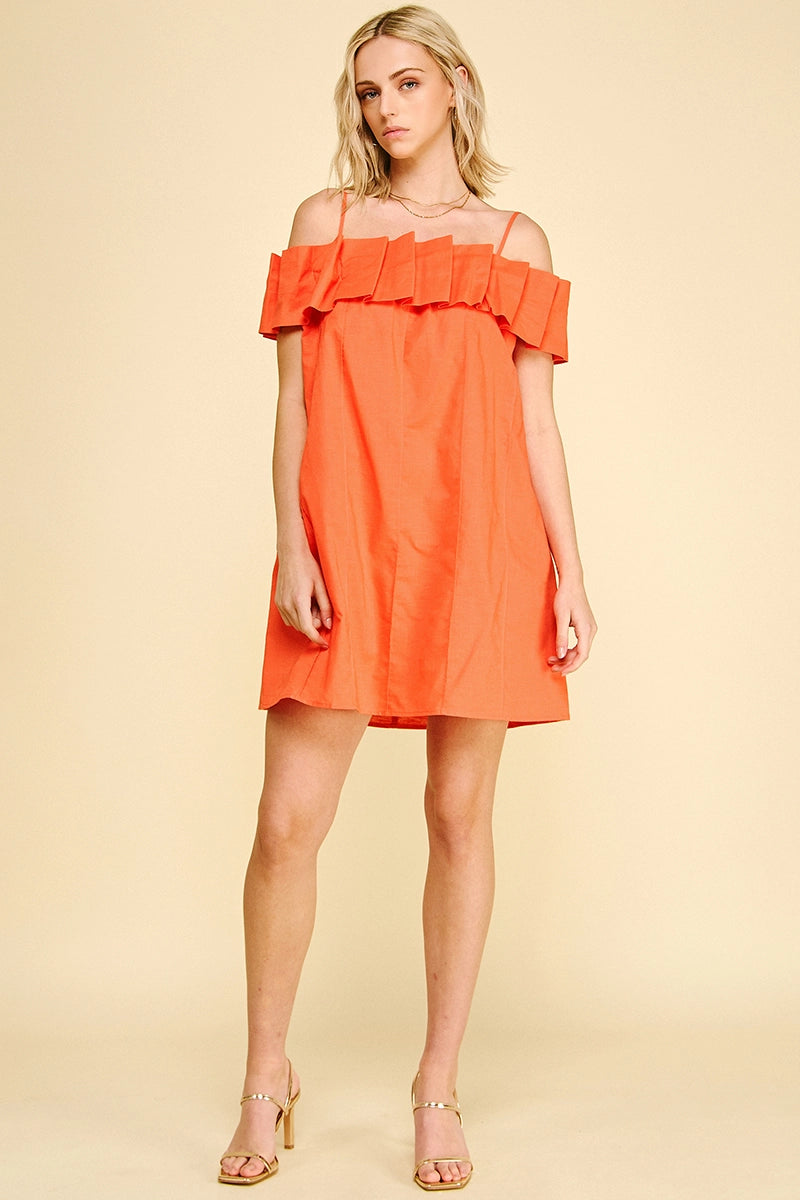 Ruffled Off Shoulder Mini Dress - Burnt Orange